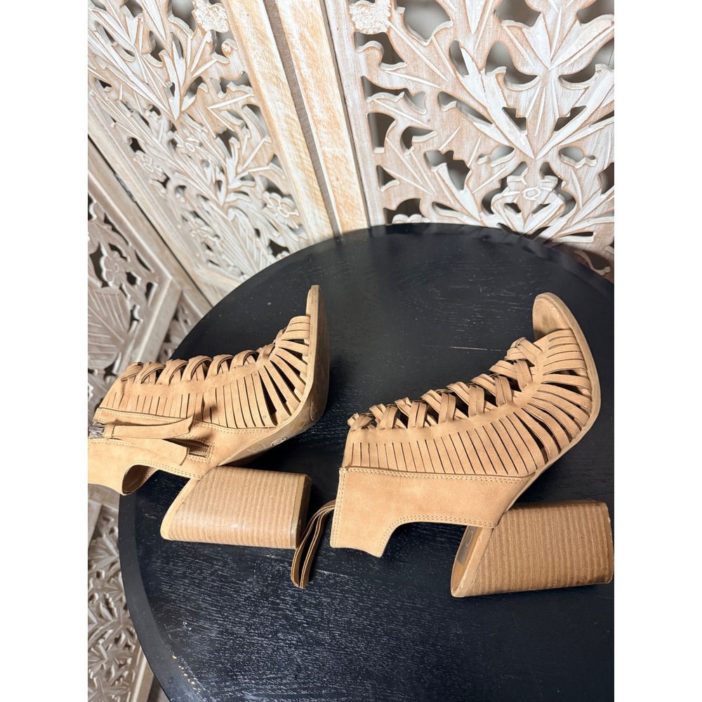 DV Dolce Vita Tan Faux Suede Woven Cage Block Heel Sandals Open Toe Booties 7.5 - Picture 4 of 10
